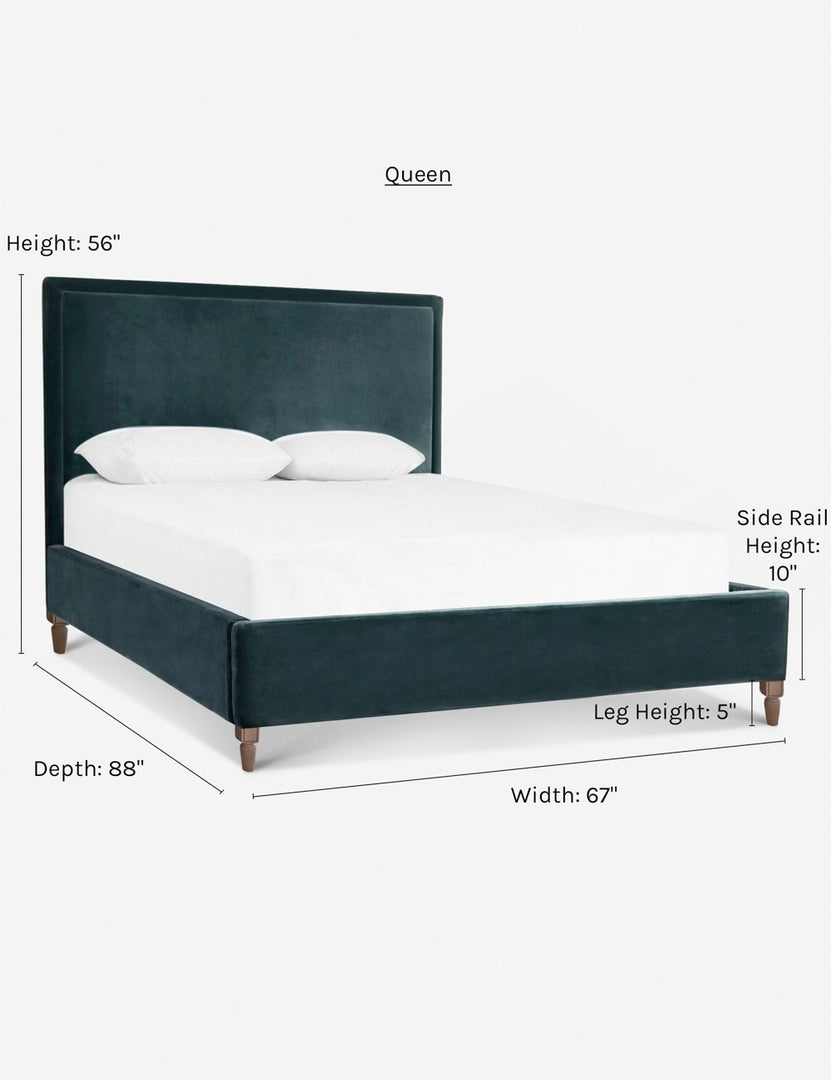 #color::azure #size::queen  | Dimensions on the queen-sized Maison Azure Blue Velvet platform bed