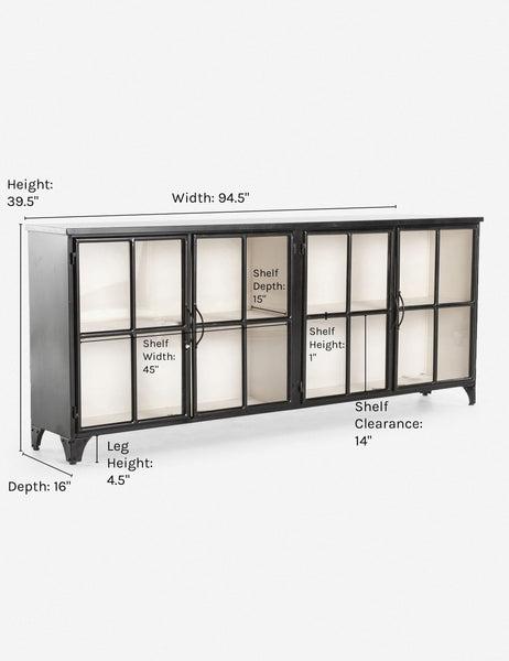 | Dimensions for the Marjorie black iron sideboard with glass paneled doors