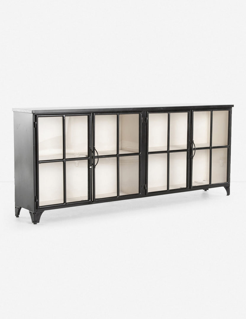 | Angled left view of the Marjorie black iron sideboard with glass paneled doors