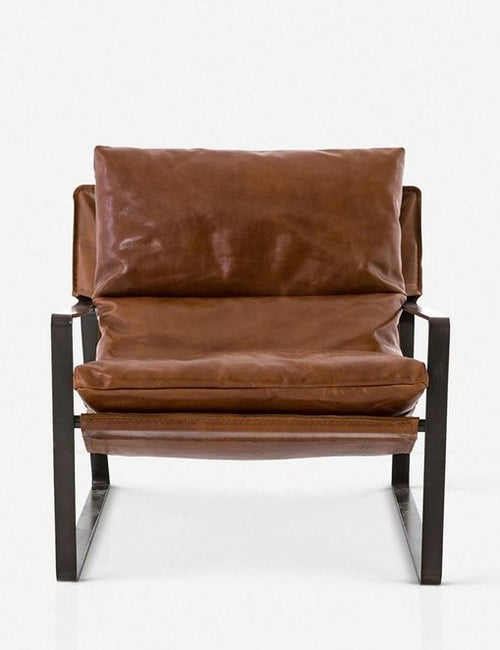 | Brown leather Marlyne sling-back accent chair with black metal frame