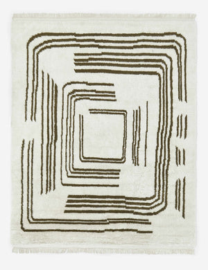 Ivory and Green Earth Maze handcrafted Moroccan Shag Rug featuring a linear maze-line design by Élan Byrd
