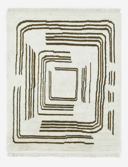 #size::6--x-9- #size::8--x-10- #size::9--x-12- #size::10--x-14- #size::12--x-15- | Ivory and Green Earth Maze handcrafted Moroccan Shag Rug featuring a linear maze-line design by Élan Byrd