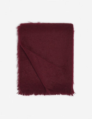 Aimee mohair blush merlot burgundy warm gray wool throw blanket with fringe ends with the corner folded in
