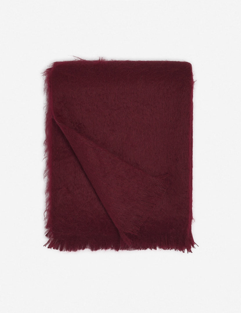 #color::merlot | Aimee mohair blush merlot burgundy warm gray wool throw blanket with fringe ends with the corner folded in