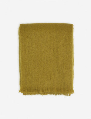 Aimee mohair mustard yellow wool throw blanket with fringe ends
