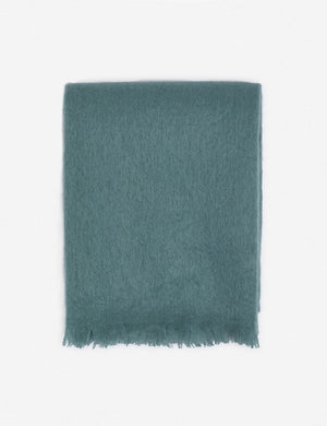 Aimee mohair blue wool throw blanket with fringe ends