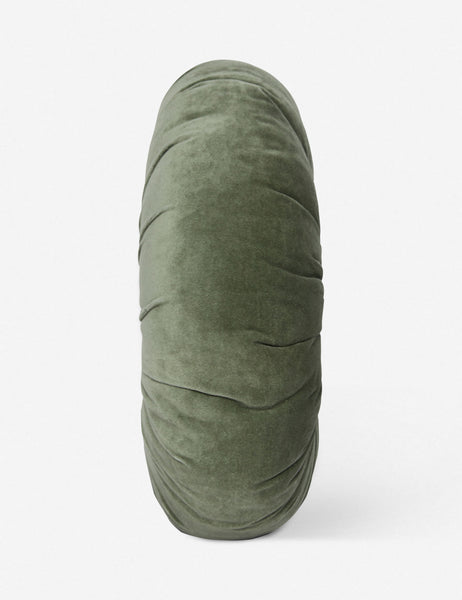 #color::moss | Side view of the Monroe moss green velvet round pillow