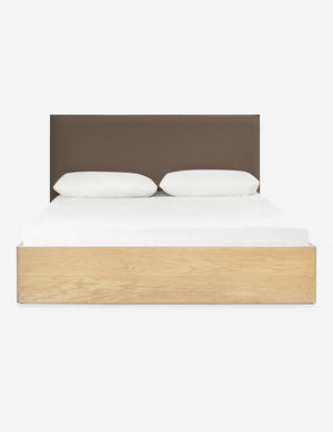 Nia bed with a wrap-around neutral wooden base and a mushroom brown linen rectangular headboard