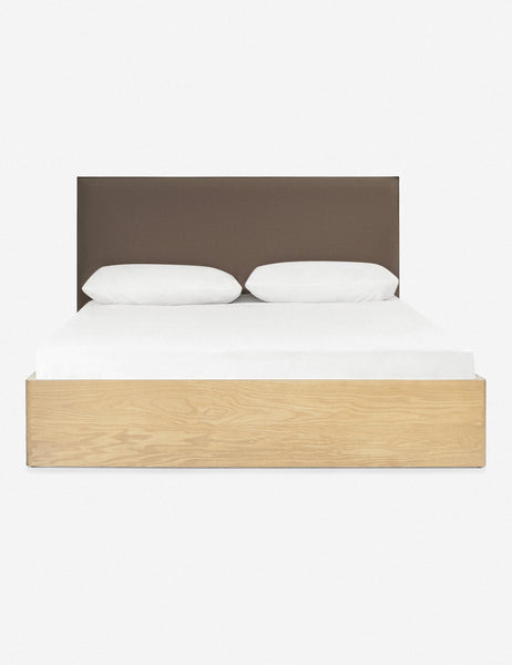 #size::king #size::queen #color::mushroom #size::cal-king | Nia bed with a wrap-around neutral wooden base and a mushroom brown linen rectangular headboard