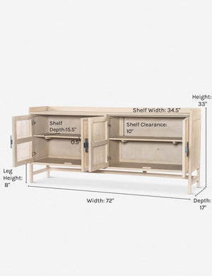 Dimensions on the Philene natural mango wood sideboard with cane doors