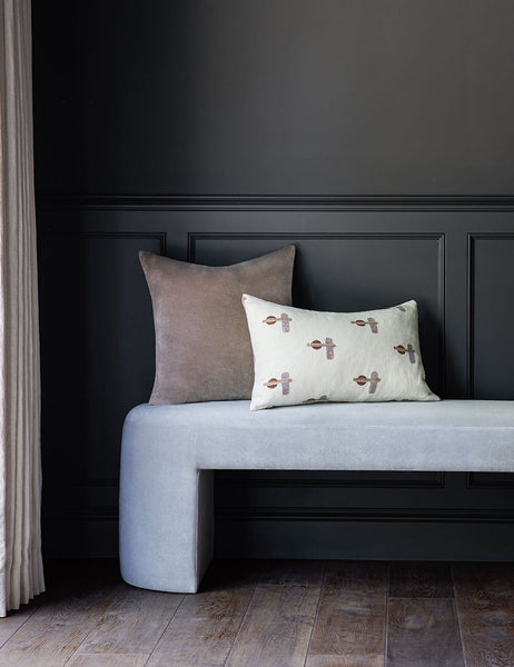#color::warm-gray #style::square | Charlotte warm gray square velvet pillow sits atop an ice blue velvet bench