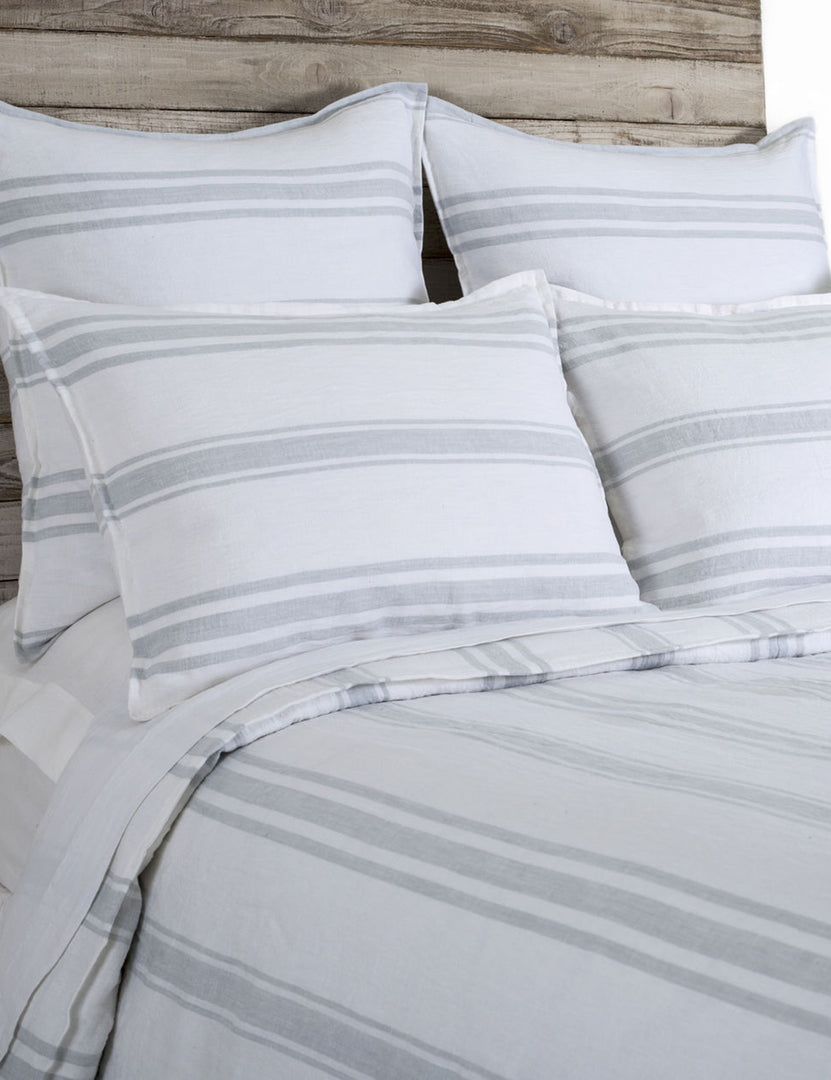#color::white-and-ocean #size::king #size::queen | Close up of the Jackson Linen white and ocean striped Duvet by Pom Pom at Home