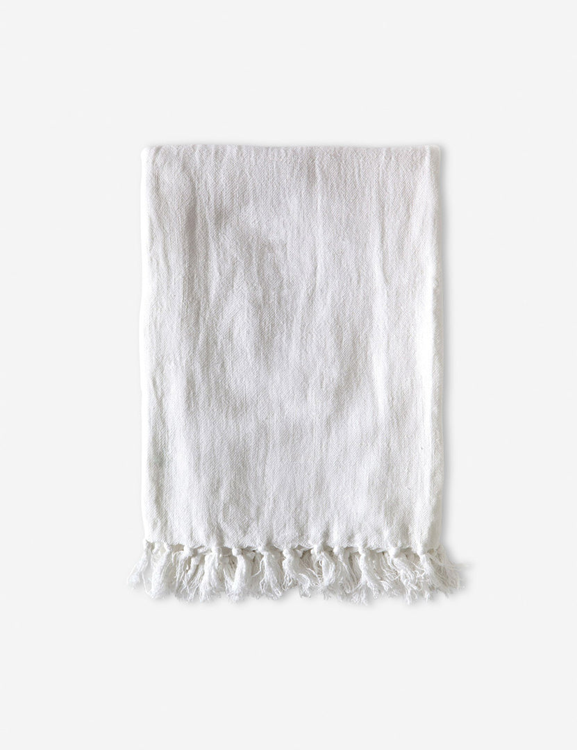 #color::white #size::110--x-90- #size::90--x-90- | Video of the Montauk white linen blanket with tasseled ends by pom pom at home