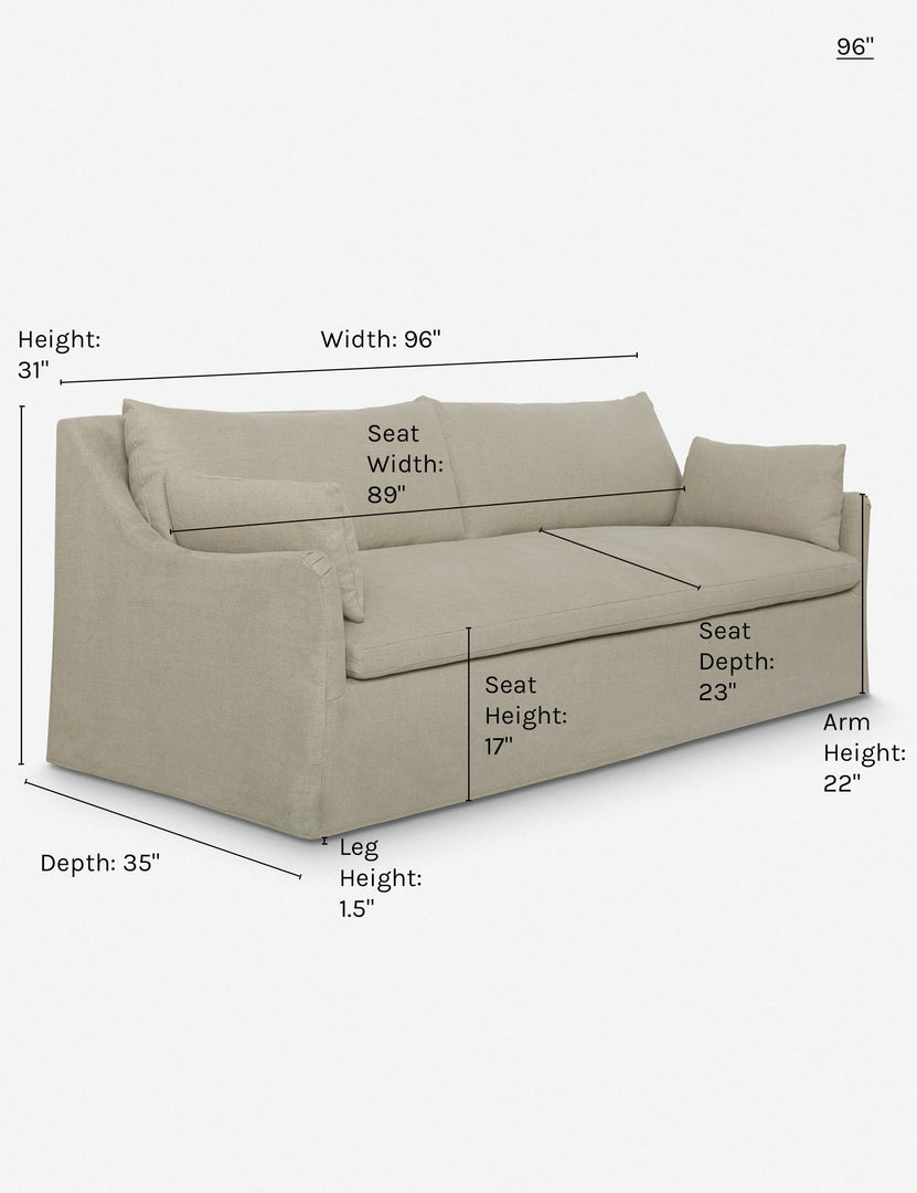 #size::96-w #color::flax | Dimensions on the 96 inch size Portola Flax linen Slipcover Sofa
