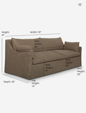 Dimensions on the 72 inch size Portola Mushroom brown linen Slipcover Sofa
