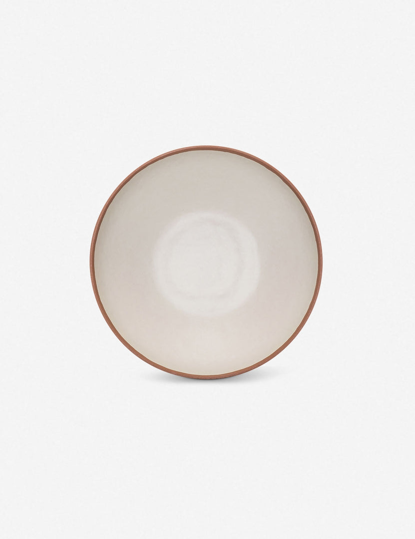 | Bird's-eye view of the Tara Melamine and bamboo white Serving Bowl with a terracotta rim