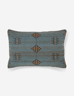 Indigo woven cotton boho and folk-inspired lumbar pillow with a wool front