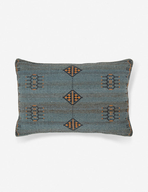 #color::blue #color::indigo #insert::down #insert::polyester | Indigo woven cotton boho and folk-inspired lumbar pillow with a wool front