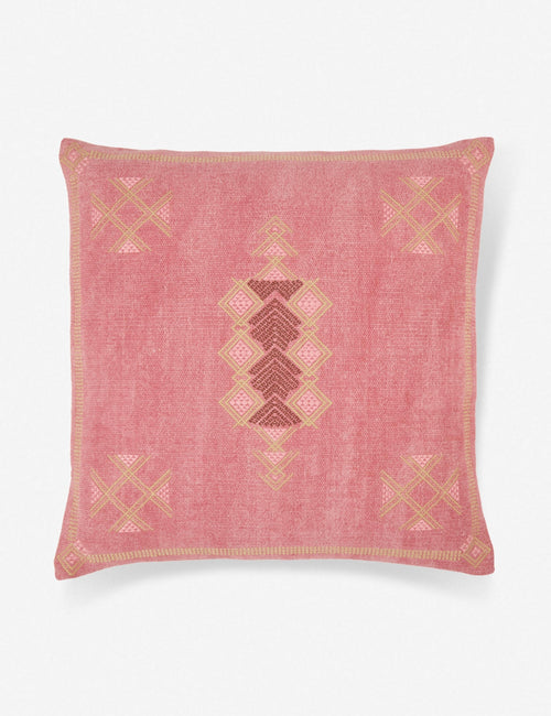 #color::pink #insert::down #insert::polyester | Mirana pink throw pillow with an arabesque pattern and a woven cotton front