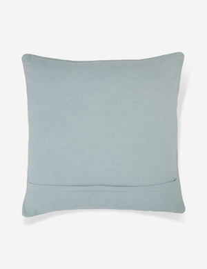 Rear view of the Ciecil sky blue throw pillow with an arabesque pattern and a woven cotton front
