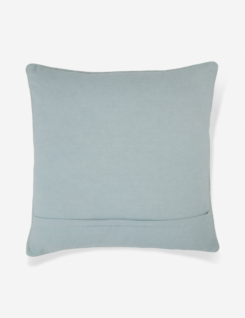 #color::blue #insert::down #insert::polyester | Rear view of the Ciecil sky blue throw pillow with an arabesque pattern and a woven cotton front