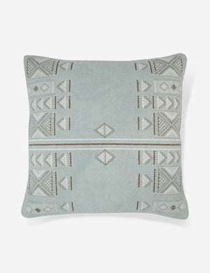 Ciecil sky blue throw pillow with an arabesque pattern and a woven cotton front