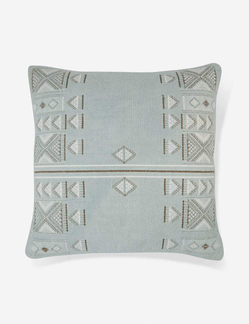 #color::blue #insert::down #insert::polyester | Ciecil sky blue throw pillow with an arabesque pattern and a woven cotton front