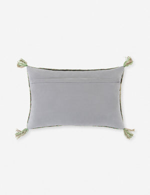 Rear view of the Sylvia light blue elegant bohemian throw pillow with tassel corners and embroidery