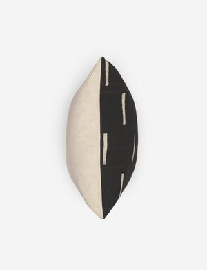 View of where the back and front connect on the Rainey mudcloth black and white pillow with a hidden zipper and gray linen back