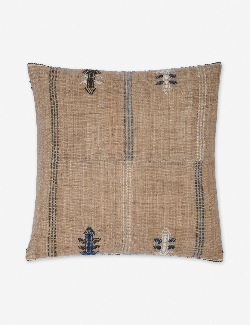 #size::20--x-20- | Rica taupe square throw pillow with blue, white, and black woven arrow-like designs 