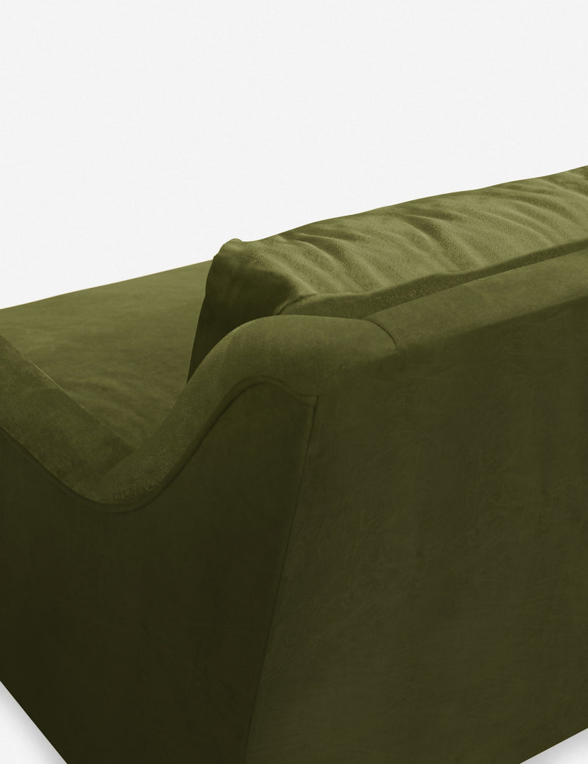 #size::72-W #size:84-W #color::jade #size::96-W | Back corner of the Rivington Jade Green Velvet sofa