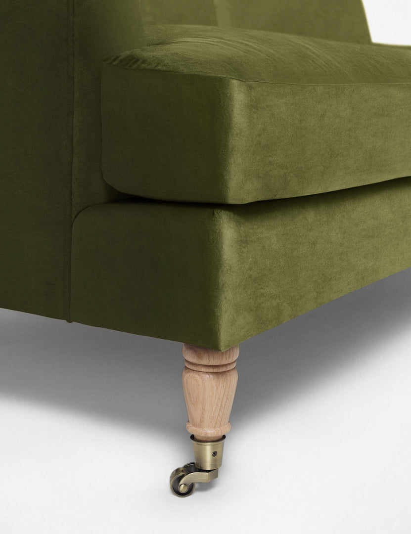#size::72-W #size:84-W #color::jade #size::96-W | Wheeled legs on the Rivington Jade Green Velvet sofa