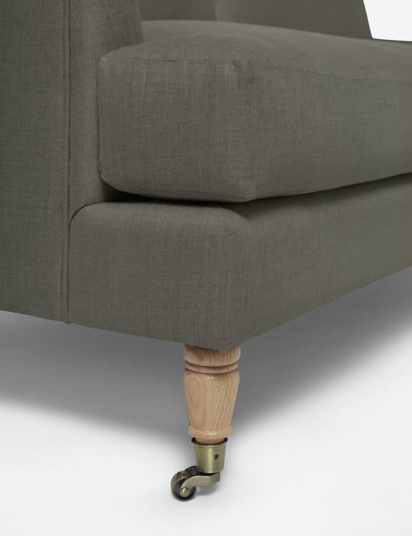 #size::72-W #size:84-W #color::loden #size::96-W | Wheeled legs on the Rivington Loden Gray Linen sofa