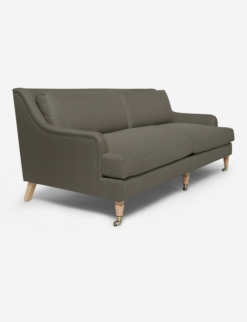 #size::72-W #size:84-W #color::loden #size::96-W | Angled view of the Rivington Loden Gray Linen sofa