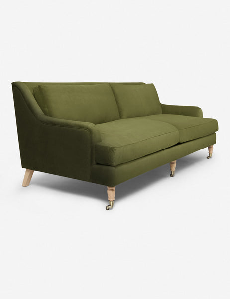#size::72-W #size:84-W #color::jade #size::96-W | Angled view of the Rivington Jade Green Velvet sofa