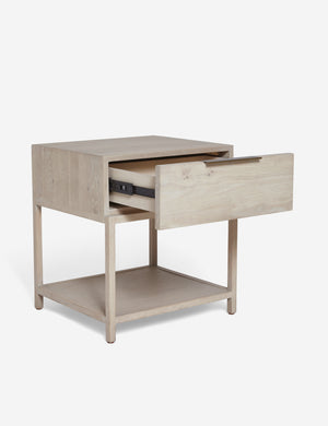 Angled view of the Dana Natural Wood Nightstand with the drawer open