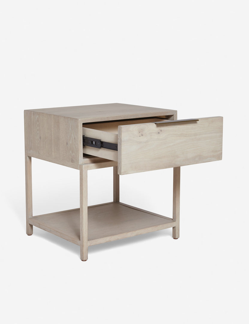 #color::natural | Angled view of the Dana Natural Wood Nightstand with the drawer open
