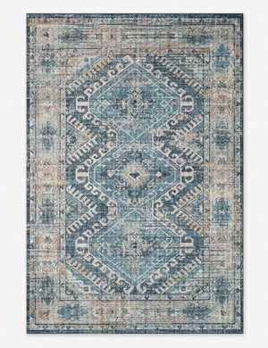 Romina power-loomed blue-toned Rug with a subtle high-low pile characteristics and traditional medallion patterns
