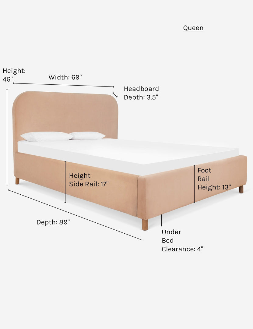 #color::buff #size::queen | Dimensions on the queen size Solene buff pink velvet platform bed