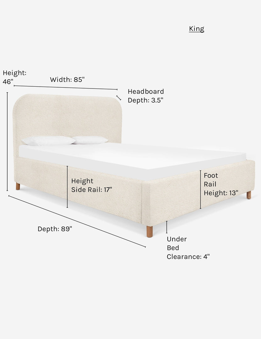 #size::king #color::boucle-cream #color::loden-velvet | Dimensions on the king size Solene Boucle Cream platform bed