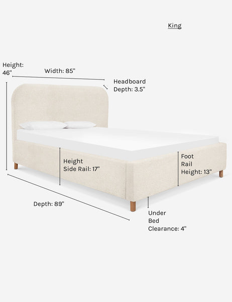 #size::king #color::boucle-cream #color::loden-velvet | Dimensions on the king size Solene Boucle Cream platform bed