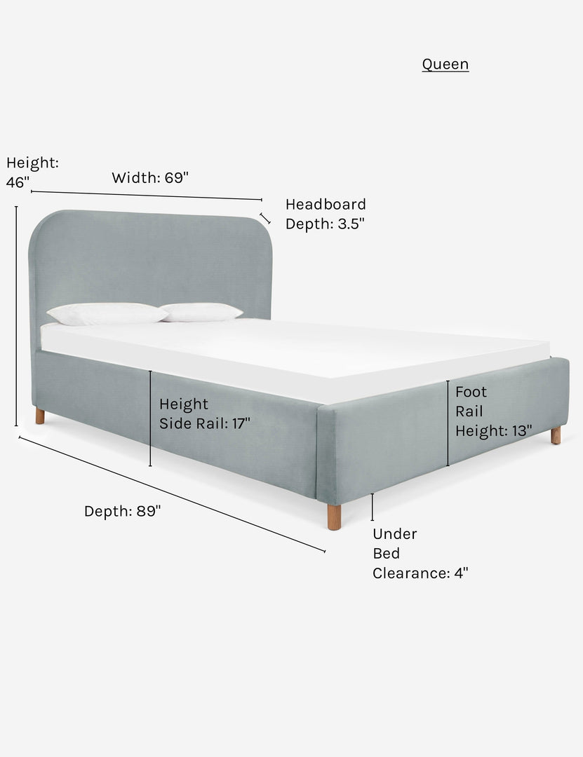 #size::queen #color::dove | Dimensions on the queen size Solene Dove light blue velvet platform bed