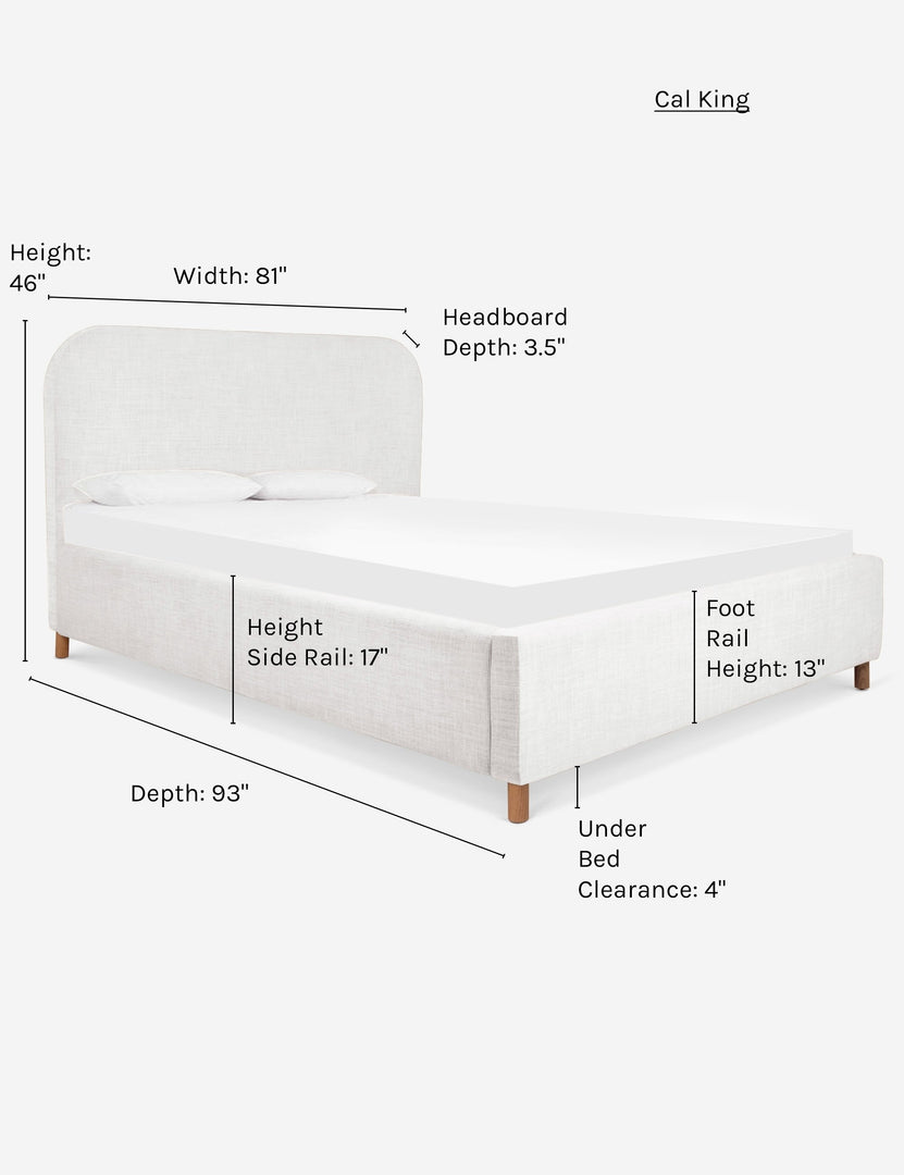 #color::white #size::cal-king | Dimensions on the California king size Solene White linen platform bed