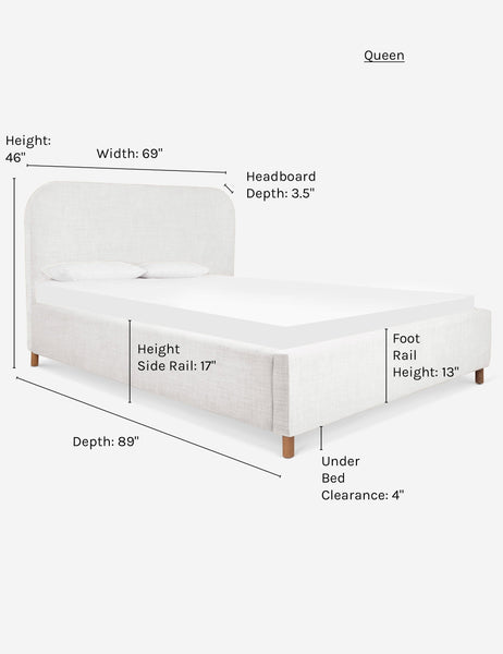 #size::queen #color::white | Dimensions on the queen size Solene White linen platform bed