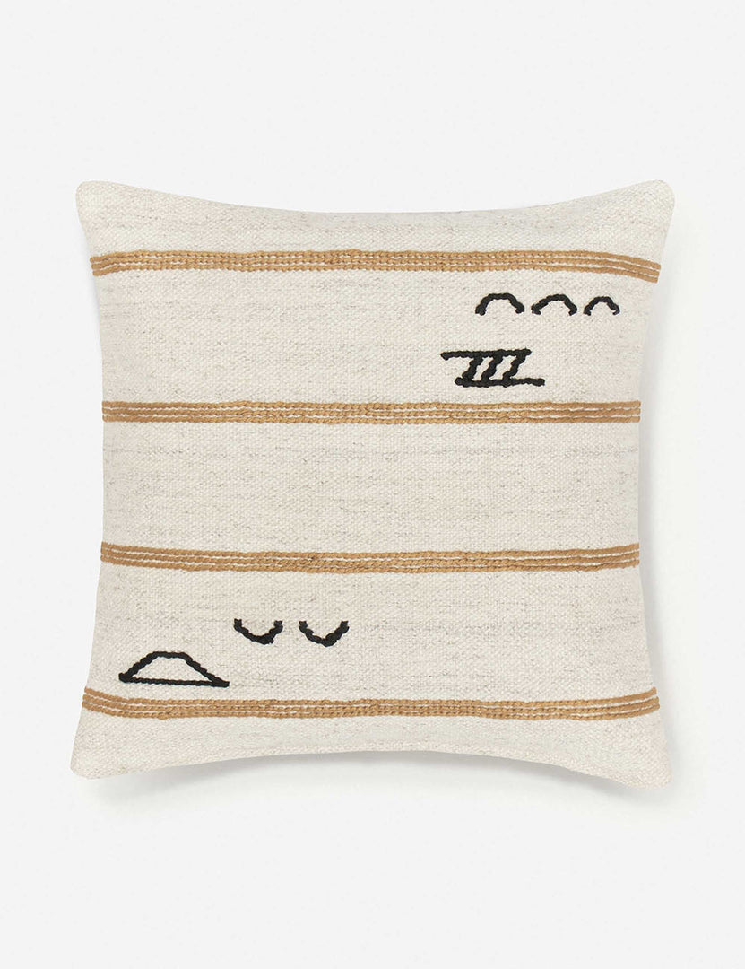 #style::square | Iconic ivory stripe square pillow with orange stripes and black symbols by Sarah Sherman Samuel
