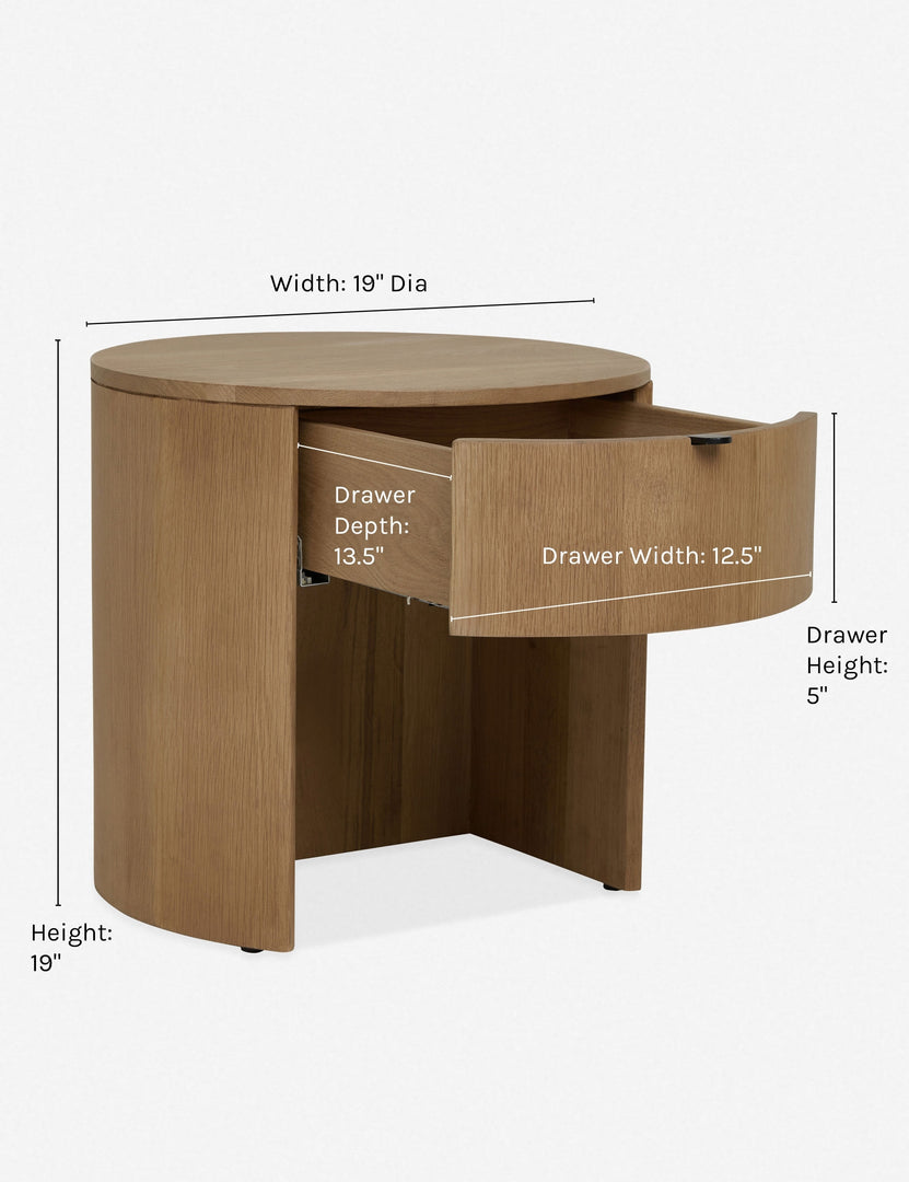 | Dimensions for the Kono round solid oak nightstand with one drawer
