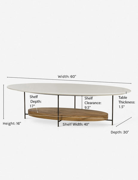 | Dimensions of the Thomas Bina oval coffee table with white laquered top, oak shelf and steel frame