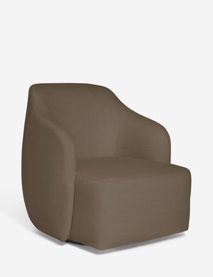 Angled view of the Tobi Mushroom brown linen swivel chair