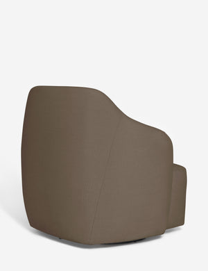 Angled rear view of the Tobi Mushroom brown linen swivel chair