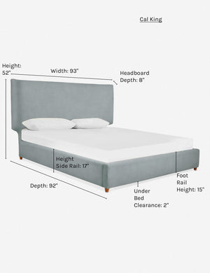 Dimensions on the california king sized Valen dove blue velvet platform bed